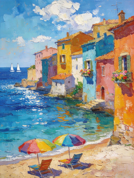 Buy Original Paintings, Seashore Town Harmony, Summer Resort, Original Landscape Art, Hand Painted Canvas Art, Small Paintings On Canvas, Heavy Texture Wall Art Paintings-HomePaintingDecor