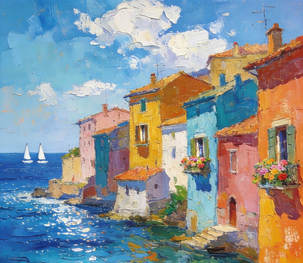 Buy Original Paintings, Seashore Town Harmony, Summer Resort, Original Landscape Art, Hand Painted Canvas Art, Small Paintings On Canvas, Heavy Texture Wall Art Paintings-HomePaintingDecor