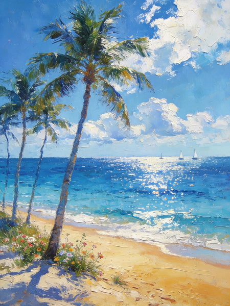 Heavy Texture Wall Art Paintings, Tropical Coastal Bliss, Beach Palm Tree Paintings, Hand Painted Canvas Art, Buy Paintings Online, Original Landscape Art, Small Paintings On Canvas-HomePaintingDecor