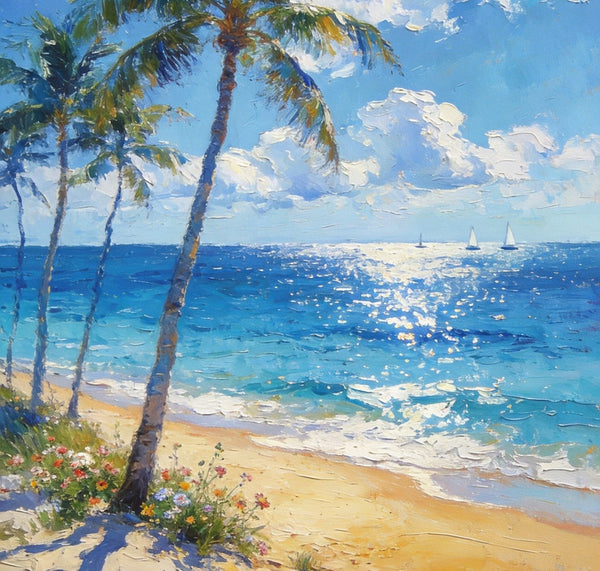 Heavy Texture Wall Art Paintings, Tropical Coastal Bliss, Beach Palm Tree Paintings, Hand Painted Canvas Art, Buy Paintings Online, Original Landscape Art, Small Paintings On Canvas-HomePaintingDecor