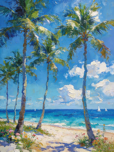 Beachside Haven, Palm Tree Seashore Paintings, Original Landscape Paintings, Canvas Paintings for Dining Room, Heavy Texture Artwork, Small Oil Paintings, Hand Painted Canvas Art-HomePaintingDecor