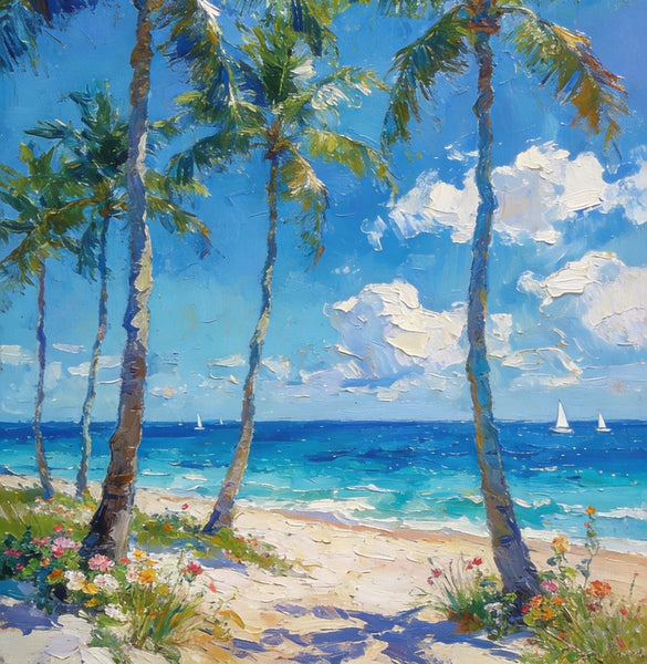 Beachside Haven, Palm Tree Seashore Paintings, Original Landscape Paintings, Canvas Paintings for Dining Room, Heavy Texture Artwork, Small Oil Paintings, Hand Painted Canvas Art-HomePaintingDecor
