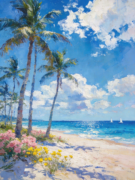 Original Landscape Paintings, Palm Fringed Beach, Summer Resort, Beach Paintings, Small Oil Paintings, Hand Painted Canvas Art, Buy Paintings Online, Canvas Paintings for Bedroom-HomePaintingDecor