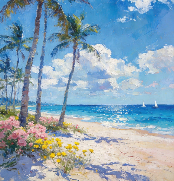 Original Landscape Paintings, Palm Fringed Beach, Summer Resort, Beach Paintings, Small Oil Paintings, Hand Painted Canvas Art, Buy Paintings Online, Canvas Paintings for Bedroom-HomePaintingDecor