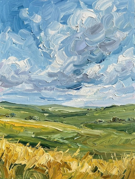 Original Landscape Paintings, Rolling Clouds Over Golden Wheat, Impasto Heavy Texture Art, Small Canvas Wall Art Paintings, Hand Painted Canvas Art
