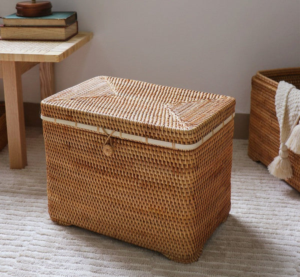 Oversized Storage Baskets for Bedroom, Rectangular Woven Storage Baskets for Clothes, Large Rectangular Storage Basket with Lid, Rattan Storage Case-HomePaintingDecor
