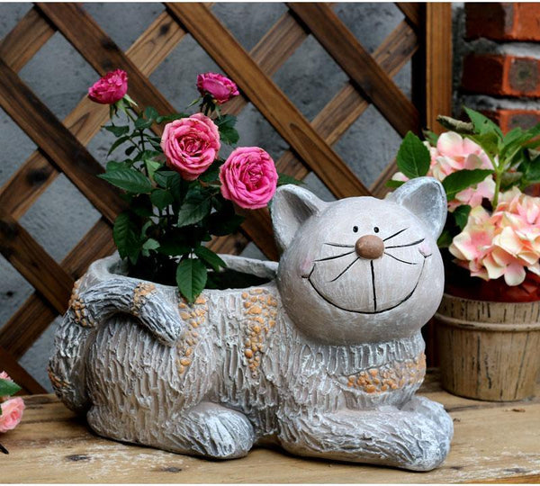 Large Cat Statue, Sitting Cat Flower Pot Statue, Pet Statue for Garden Courtyard Ornaments, Villa Outdoor Decor Gardening Ideas-HomePaintingDecor
