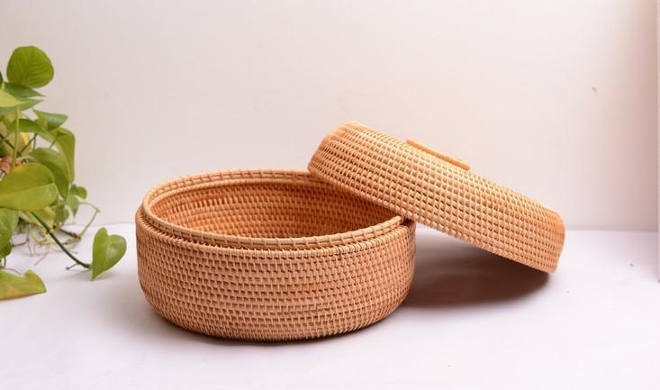 Rattan Basket, Storage Basket with Lid, Woven Basket for Kitchen, Storage Basket for Dining Room, Round Storage Basket-HomePaintingDecor