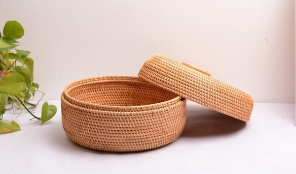 Rattan Basket, Storage Basket with Lid, Woven Basket for Kitchen, Storage Basket for Dining Room, Round Storage Basket-HomePaintingDecor