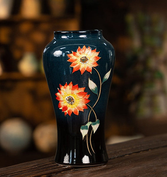 Ceramic Bouquet Vases, Sunflower Vases on Table, Porcelain Flower Vases, Dining Table Centerpiece, Handmade Water Holding Flower Vase-HomePaintingDecor