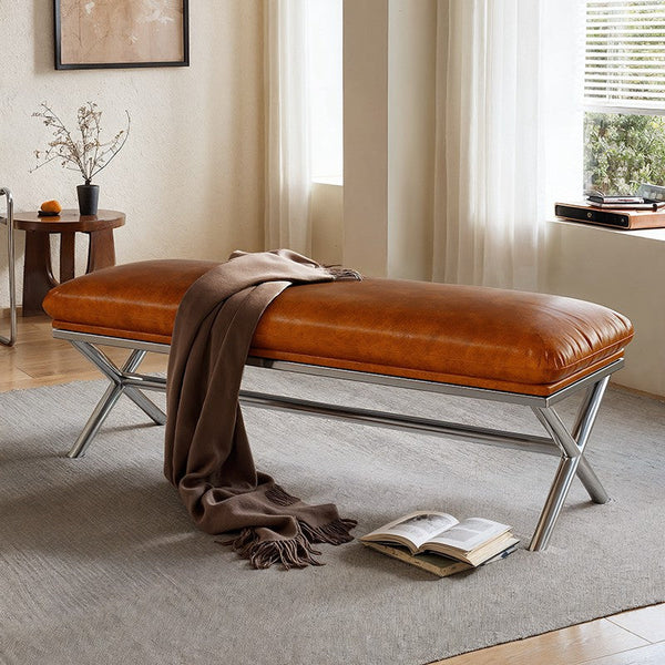 Upholstered Shoe Bench, Contemporay Bedroom Bench, Luxury Genuine Leather Entry Bench, Narrow Entryway Bench, Modern Shoe Changing Ottoman, Mid-Century Hall Bench-HomePaintingDecor