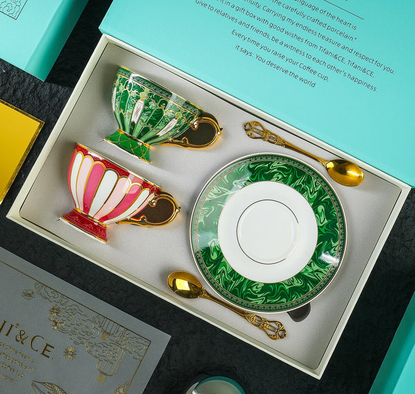 Elegant Ceramic Coffee Cups, Beautiful British Tea Cup with Saucer, 8 Ounce Porcelain Tea Cup Saucer Set of 2 Cups, Unique Tea Cup and Saucer in Gift Box as Birthday Gift-HomePaintingDecor