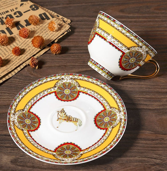 Handmade Beautiful British Tea Cups, Creative Porcelain Tea Cup Saucer Set, Yellow Royal Ceramic Coffee Cups, 6.8 oz Tea Cup and Saucer-HomePaintingDecor