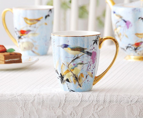Large Creative Porcelain Mug, Elegant Blue Ceramic Coffee Mug, Beautiful Bird Flower Ceramic Mug, Large Capacity Ceramic Mugs for Office-HomePaintingDecor