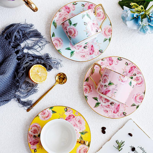 Porcelain Coffee Cups, British Tea Cups, Yellow Coffee Cups with Gold Trim and Gift Box, Rose Flower Tea Cups and Saucers, Latte Coffee Cups-HomePaintingDecor