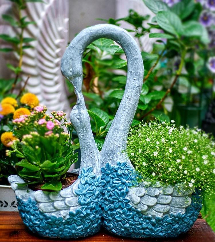 Large Mother and Baby Swans for Garden, Swan Flowerpot, Animal Statue for Garden Courtyard Ornament, Villa Outdoor Decor Gardening Ideas-HomePaintingDecor