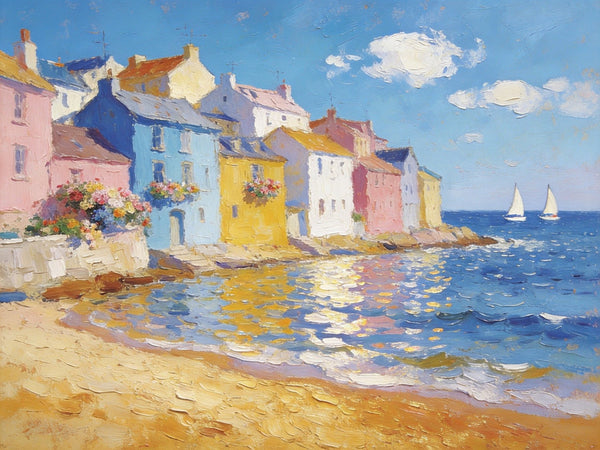 Landscape Canvas Paintings, Ocean Front Town Allure, Seashore Beach Paintings, Small Landscape Paintings on Canvas, Palette Knife Oil Paintings, Hand Painted Canvas Art, Original Oil Paintings-HomePaintingDecor
