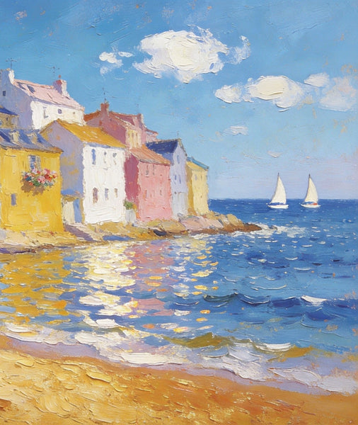 Landscape Canvas Paintings, Ocean Front Town Allure, Seashore Beach Paintings, Small Landscape Paintings on Canvas, Palette Knife Oil Paintings, Hand Painted Canvas Art, Original Oil Paintings-HomePaintingDecor