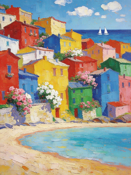 Heavy Texture Wall Art Paintings, Coastal Town Blissful Scene, Small Paintings On Canvas, Hand Painted Canvas Art, Original Landscape Art, Buy Original Paintings-HomePaintingDecor