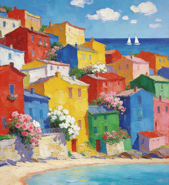 Heavy Texture Wall Art Paintings, Coastal Town Blissful Scene, Small Paintings On Canvas, Hand Painted Canvas Art, Original Landscape Art, Buy Original Paintings-HomePaintingDecor