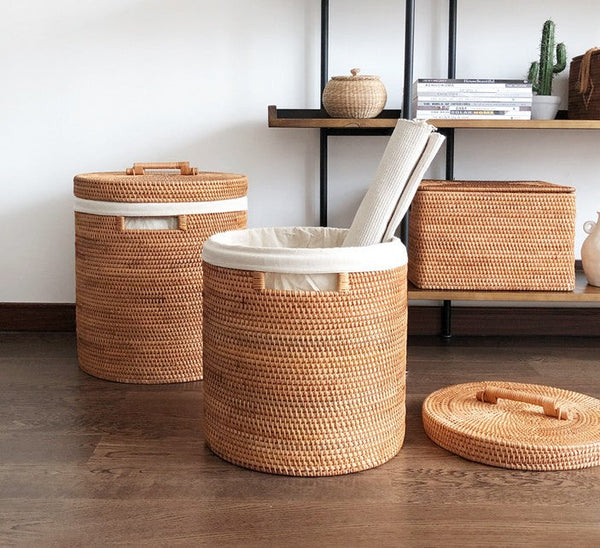 Large Laundry Storage Basket with Lid, Large Rattan Storage Basket for Bathroom, Woven Round Storage Basket for Clothes-HomePaintingDecor