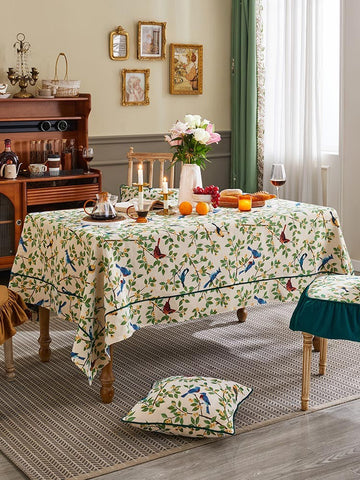 Bird Flower Pattern Farmhouse Table Cloth, Large Modern Rectangle Tablecloth for Dining Room Table, Square Tablecloth for Round Table-HomePaintingDecor