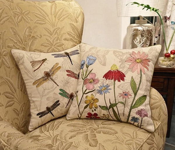 Dragonfly and Flower Cotton and linen Pillow Cover, Embroider Decorative Throw Pillow, Decorative Pillows for Car, Flower Decorative Pillows-HomePaintingDecor