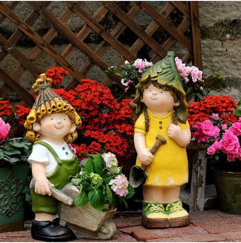 Large Boy Cart and Girl Carry Basket Statues, Flower Pot, Garden Courtyard Ornament, Gardening Ideas, House Warming Gift-HomePaintingDecor