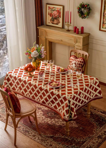 Holiday Red Tablecloth for Dining Table, Rabbit Pattern Table Cover for Dining Room Table, Modern Rectangle Tablecloth for Oval Table-HomePaintingDecor