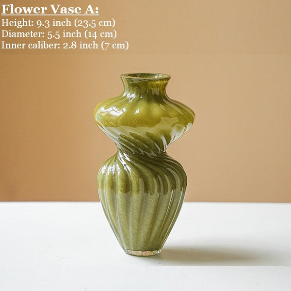 Handmade Contemporary Glass Vases, Modern Green Vases for Living Room, Mid Century Vases for Flowers, Unique Decorative Glass Vase, Centerpiece Vases on Table-HomePaintingDecor