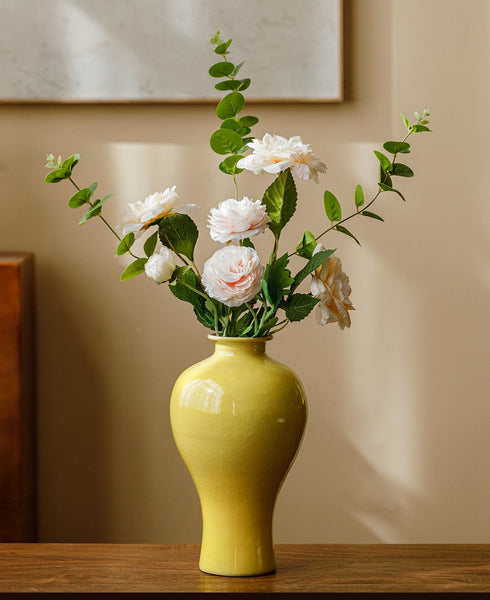 Porcelain Flower Vases, Handmade Water Holding Flower Vase, Yellow Flower Vases on Table, Ceramic Bud Vases-HomePaintingDecor