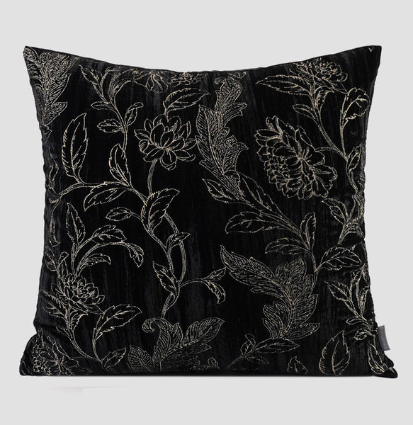 Contemporary Modern Sofa Pillows, Black Embroidery Flower Pattern Pillows for Couch, Decorative Throw Pillows for Bedroom, Large Modern Sofa Pillow for Dining Room-HomePaintingDecor