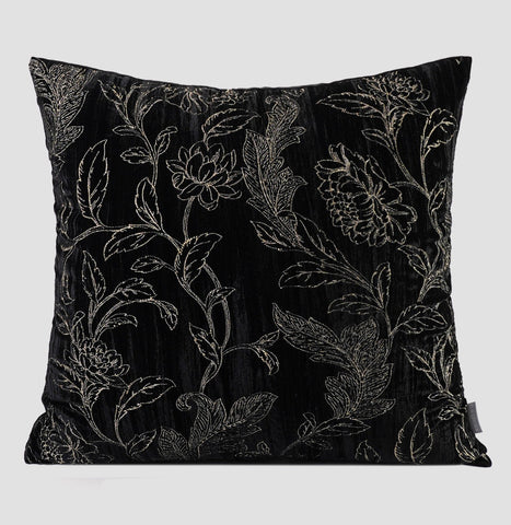 Contemporary Modern Sofa Pillows, Black Embroidery Flower Pattern Pillows for Couch, Decorative Throw Pillows for Bedroom, Large Modern Sofa Pillow for Dining Room-HomePaintingDecor