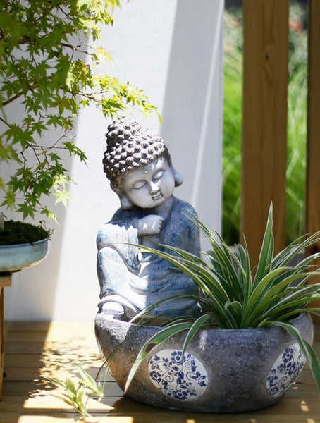 Sitting Buddha Flowerpot, Buddha Statue, Garden Decor Ideas, Large Figure Statue for Garden Ornaments, Villa Courtyard Decor, Outdoor Decoration Ideas-HomePaintingDecor