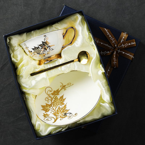 Golden Leaves and Grapes Porcelain Tea Cup Saucer Set, 7.4 oz British Tea Cup and Saucer in Gift Box, Elegant British Ceramic Coffee Cups-HomePaintingDecor
