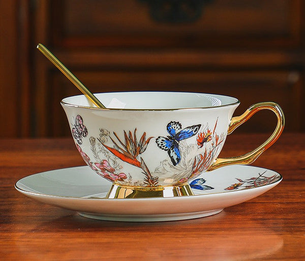 British Traditional Afternoon Tea Cup and Saucer Set, Ceramic Coffee Cups in Gift Box, Butterfly Pattern Porcelain Tea Cup and Saucer Set-HomePaintingDecor