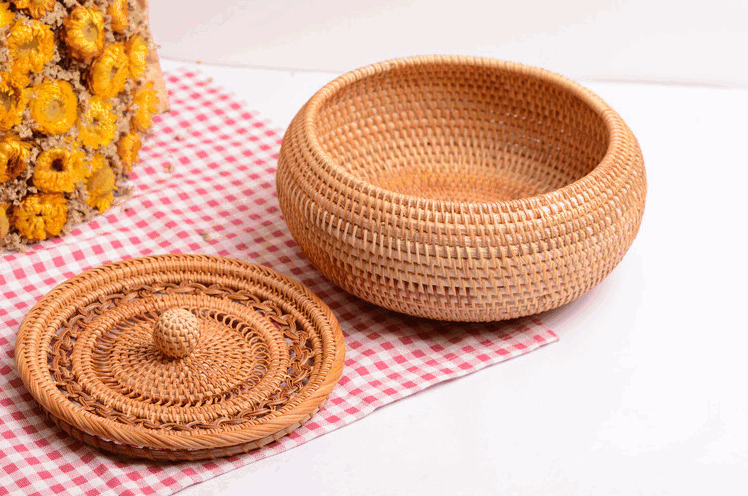 Woven Storage Basket with Lid, Lovely Rattan Round Storage Basket, Round Storage Basket for Kitchen-HomePaintingDecor