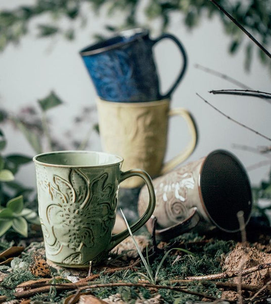 Green Ceramic Coffee Mug, Birthday Gifts, Stoneware Coffee Mugs, Handmade Pottery Coffee Mug, Large Capacity Coffee Cups-HomePaintingDecor