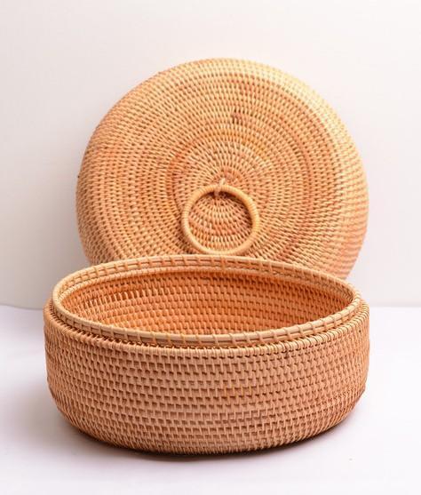 Rattan Basket, Storage Basket with Lid, Woven Basket for Kitchen, Storage Basket for Dining Room, Round Storage Basket-HomePaintingDecor