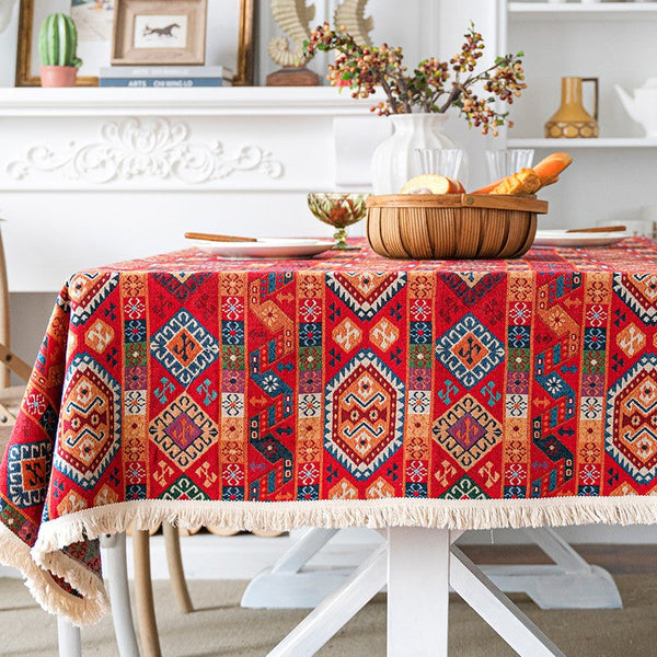 Oriental Red Rectangular Table Covers for Coffee Table, Bohemian Rectangular Tablecloth for Oval Table, Large Modern Linen Tablecloths-HomePaintingDecor