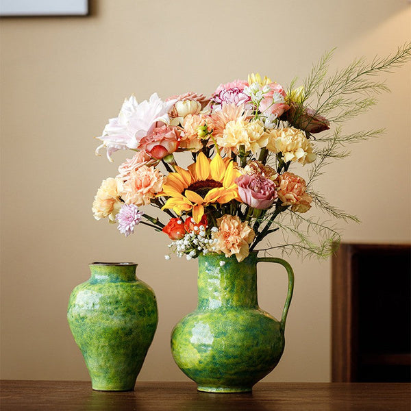 Centerpiece on Dining Table, Modern Pottery Flower Vases, Handmade Water Holding Flower Vases, Pottery Bud Vases, Large Green Flower Vases on Table-HomePaintingDecor