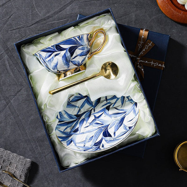 Unique British Tea Cup and Saucer in Gift Box, Blue Porcelain Tea Cup Saucer Set, 7.4 oz British Ceramic Coffee Cups-HomePaintingDecor