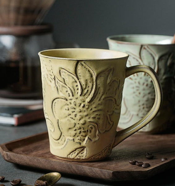 Green Ceramic Coffee Mug, Birthday Gifts, Stoneware Coffee Mugs, Handmade Pottery Coffee Mug, Large Capacity Coffee Cups-HomePaintingDecor