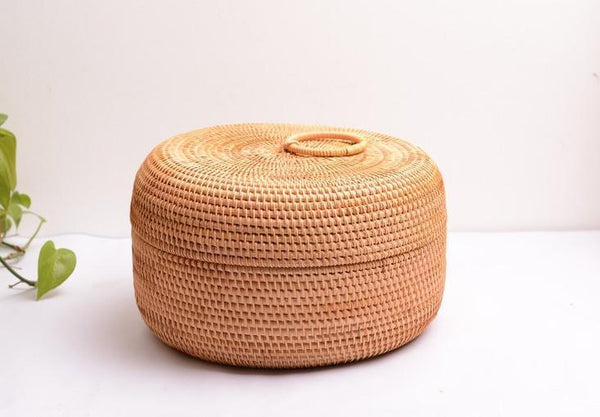 Rattan Basket, Storage Basket with Lid, Woven Basket for Kitchen, Storage Basket for Dining Room, Round Storage Basket-HomePaintingDecor