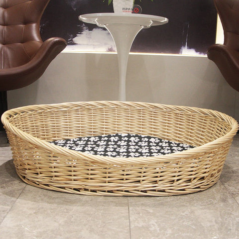 Natural Wicker Dog Bed with Washable Cushion for Indoor Cats and Dogs, Hand woven Rattan Cat Beds