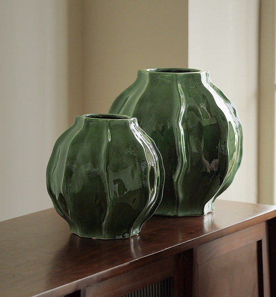 Handmade Modern Flower Vase, Centerpiece Ceramic Bouquet Vases, Large Contemporary Vases on Dining Table, Green Porcelain Vases for Modern Home Decor-HomePaintingDecor