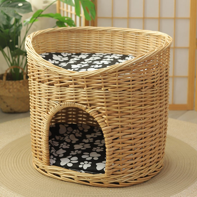 Washable Wicker Cat Bed, Wicker Cat House with Washable Cushion for Indoor Cats and Dogs-HomePaintingDecor