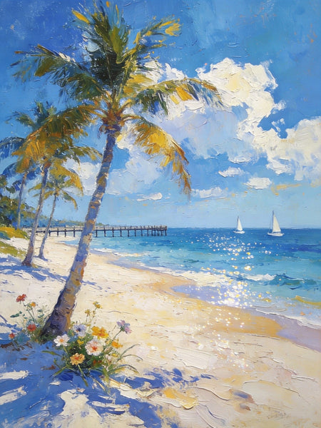 Small Oil Paintings, Sandy Beach Serenity, Palm Tree Beach Paintings, Canvas Paintings for Bedroom, Heavy Texture Artwork, Hand Painted Canvas Art, Original Landscape Paintings-HomePaintingDecor