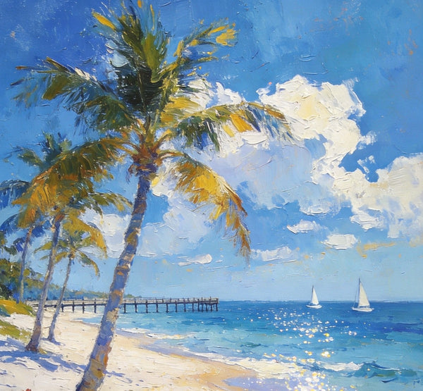 Small Oil Paintings, Sandy Beach Serenity, Palm Tree Beach Paintings, Canvas Paintings for Bedroom, Heavy Texture Artwork, Hand Painted Canvas Art, Original Landscape Paintings-HomePaintingDecor