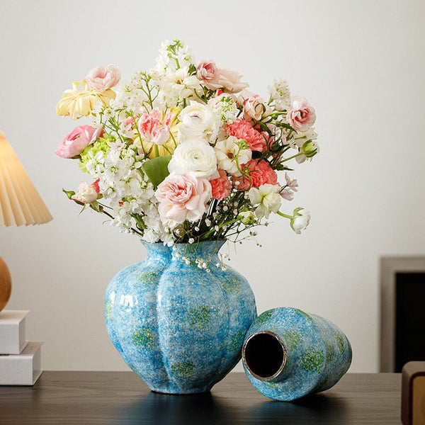 Centerpiece on Dining Table, Blue Flower Vase on Table, Handmade Water Holding Flower Vases, Pottery Flower Vases, Modern Bouquet Flower Vases-HomePaintingDecor